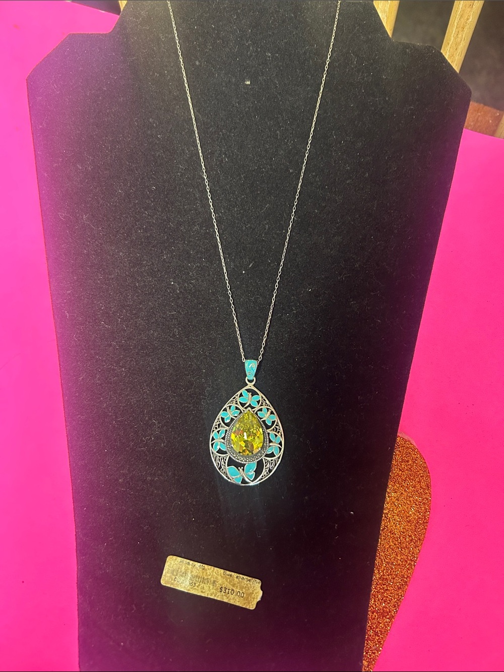 Sterling Teardrop Pendant Necklace with Peridot Gem and Turquoise Accents